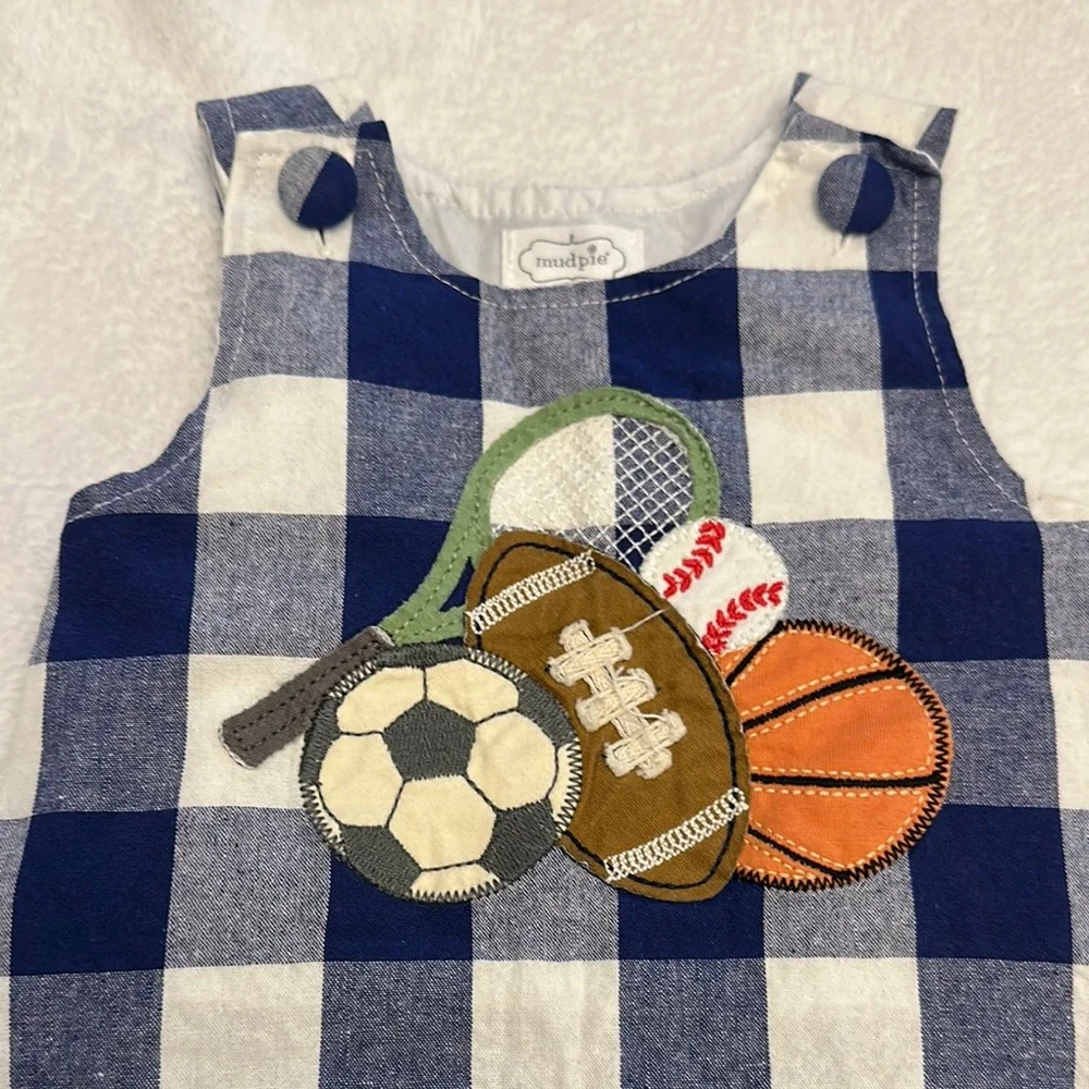 EUC Mud Pie blue gingham sports applique & grey knit safari animal rompers 3/6mo